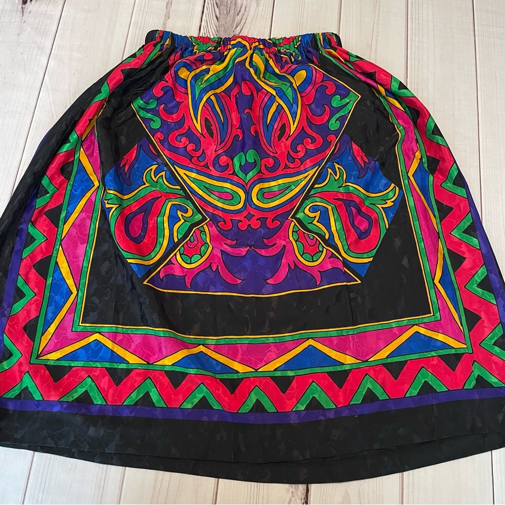 Vintage Megan Moore Pleated Pull on Skirt Womens 4 Colorful Silky Geometric Midi - Picture 7 of 13